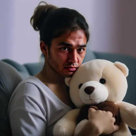 arafed man sitting on a couch holding a teddy bear