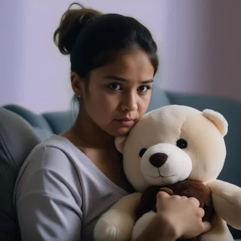 arafed woman sitting on a couch holding a teddy bear