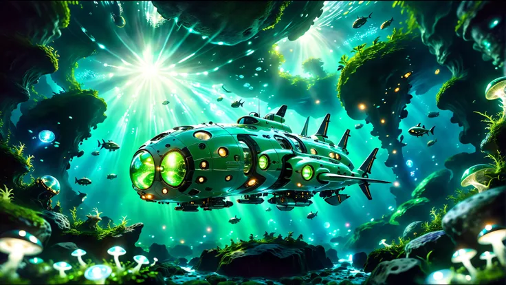 spaceship floating in a deep sea with many small fish