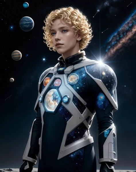 [[[[Style-Glass:0.7]]]],[[[[[with body made of glass]]]]],[[[[A teenage boy:1.2]]]],blonde hair,curly hair,with a whole solar system inside his body,constellation,galaxy,light,lips,moon,planet,realistic,solo,space,star (sky),a serious look,heroic pose,<lor...