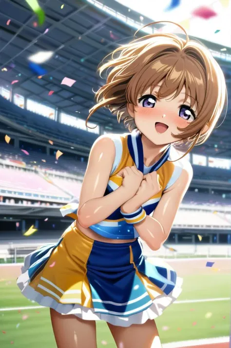 solo,1girl,12yo,cheer uniform,miniskirt,small breasts, confetti,shiny skin,open mouth,smile,stylish pose,outdoor,stadium,brown shorthair,kinomoto sakura,ultra-detailed,masterpiece,best quality <lora:XDetail_light:1.3>  <lora:Card Captor Sakura Anime_XL:0.8...