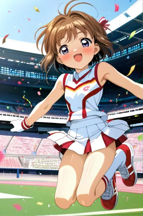 solo,1girl,12yo,cheer uniform,miniskirt,pompon,jumping,small breasts, confetti,shiny skin,open mouth,smile,outdoor,stadium,brown shorthair,kinomoto sakura,ultra-detailed,masterpiece,best quality <lora:XDetail_light:1.3>  <lora:Card Captor Sakura Anime_XL:0...