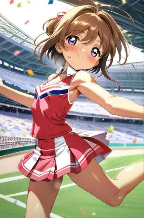 solo,1girl,12yo,cheer uniform,miniskirt,pompon,dancing,small breasts, confetti,shiny skin,smile,outdoor,stadium,brown shorthair,kinomoto sakura,ultra-detailed,masterpiece,best quality <lora:XDetail_light:1.3>  <lora:Card Captor Sakura Anime_XL:0.8>
