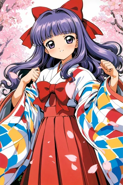 1girl, solo, cherry blossoms, meiji schoolgirl uniform, hakama, long hair, japanese clothes, skirt, hakama skirt, 1990s (style), purple hair, petals, yagasuri, purple eyes, bangs, hair bow, retro artstyle, bow, daidouji tomoyo, smile, kimono, long sleeves,...