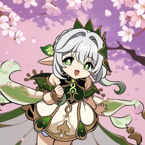 anime girl with white hair and green eyes in a dress