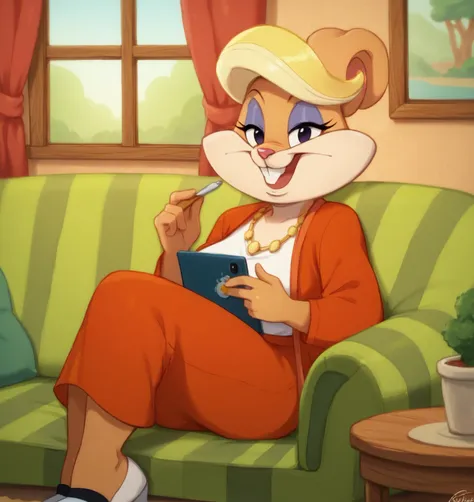 cartoon character of a woman sitting on a couch with a tablet