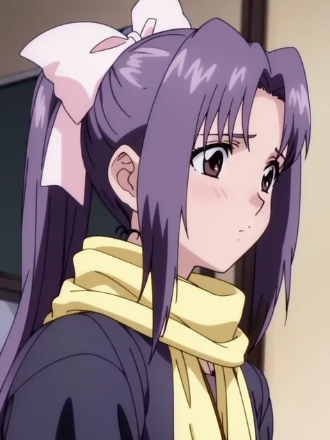 <lora:Koigakubo_Momoko:0.8>, koigakubomomoko, 1girl, solo, coat, scarf, profile, sidelocks, upper body, long sleeves, expressionless, from side, ribbon, bow, hair ribbon, class_room, 
 2000s (style), anime, anime_screencap, animated gif, mp4 ,video, animat...