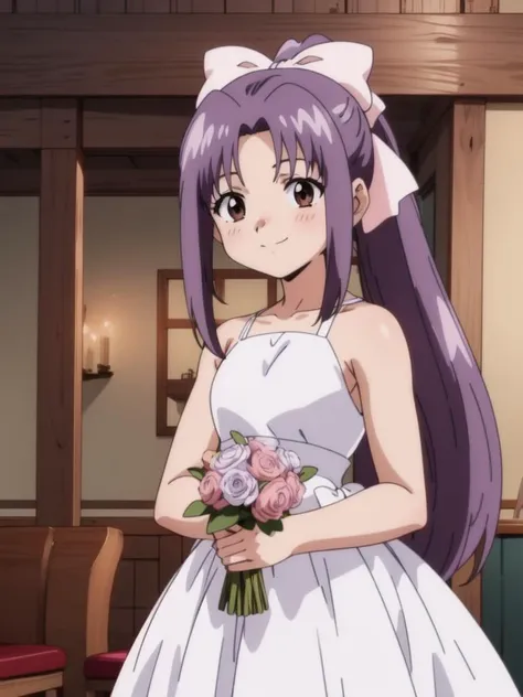 <lora:Koigakubo_Momoko:0.8>, koigakubomomoko, 1girl, soro, hair_bow, pink_bow,  long_hair, brown_eyes, purple_hair,  bangs,  ponytail, smile, cowboy Shot,
wedding_dress, church,
 2000s (style), anime, anime_screencap, animated gif, mp4 ,video, animated,