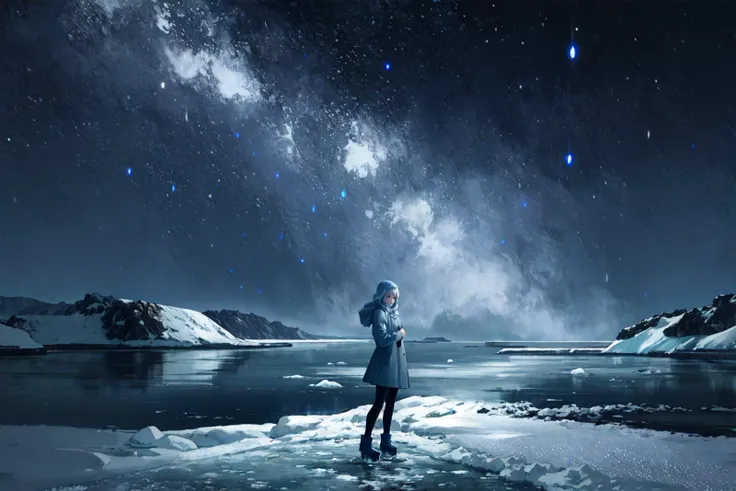 masterpiece, best quality, 1girl, solo, standing, parted lips, outdoors, night, lake, darkness, dark, night sky, <lora:the Milky Way-000005:1> the milky way, <lora:Gloomifier_V2_TheGlow:1> winter, snow, ice, frozen, tundra