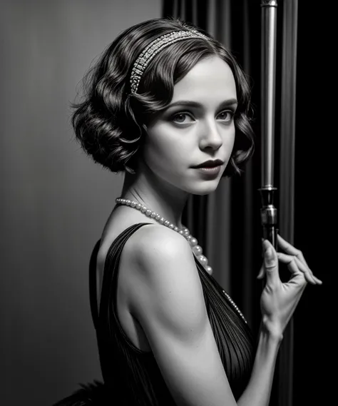 1920s photo of  25 year old  jp-Poppy ,Finger waves, dark lipstick, Flapper dress with beaded fringe, Speakeasy with jazz band, DSLR, 50mm f/1.8, 1/60s, ISO 320 <lora:Detail Slider V2 By Stable :0.8>