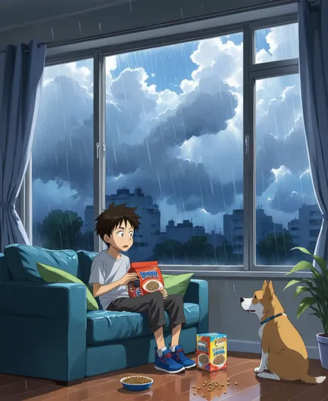 anime style, a young boy  is sitting on a sofa with a dog, a pack of dog food, in the background there is a large window behind which it is raining, insane detialed