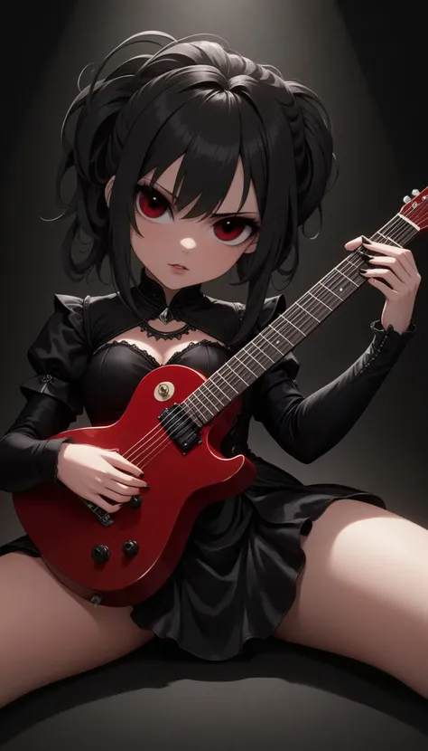 swedish metal rock girl holding a guitar, intense stare into camera, with gothic make-up, intricate details, highly detailed eyes, fancy hair and dark gothic dress, flash photo, on stage, intricate details