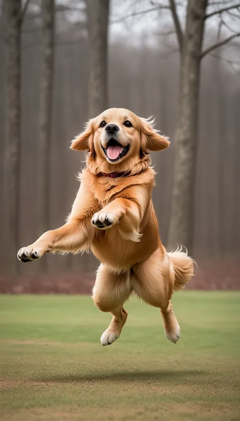 Golden retriever jumping to catch a stick