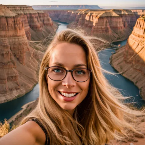 blonde girl taking selfie in grand canyon, (close up), analog style, photorealistic, very detailed