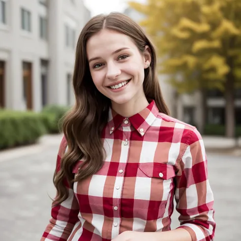 <lora:collaredShirt:0.7> full body shot of a young woman wearing a plaid collared shirt, smiling