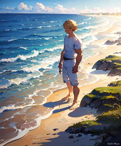 muscular manly man, warrior, golden hair, absurdly short hair, white clothes, beach, sea,