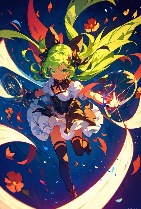 (masterpiece, best quality), 1girl, green hair, ivy hair, green eyes, flying petals, thunder blade, green magic circle, green corset, black thighhighs, sidelighting, light particles, abstract,