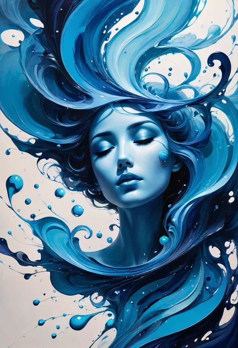 a painting of a woman with blue hair and water droplets