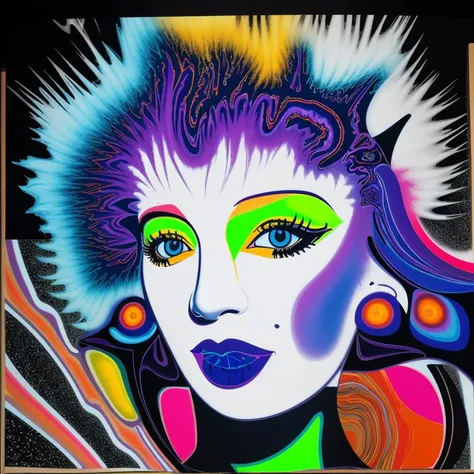 painting of a woman with bright hair and bright makeup