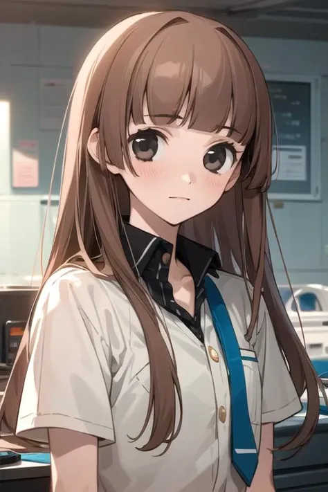 masterpiece, best quality, game cg, 1girl, solo, looking at viewer, upper body, , <lora:nino_arisugawa:0.68>, nino_arisugawa, brown hair, black eyes, long hair, bangs, blunt bangs, custom-made, , new wave science fiction, 32k resolution