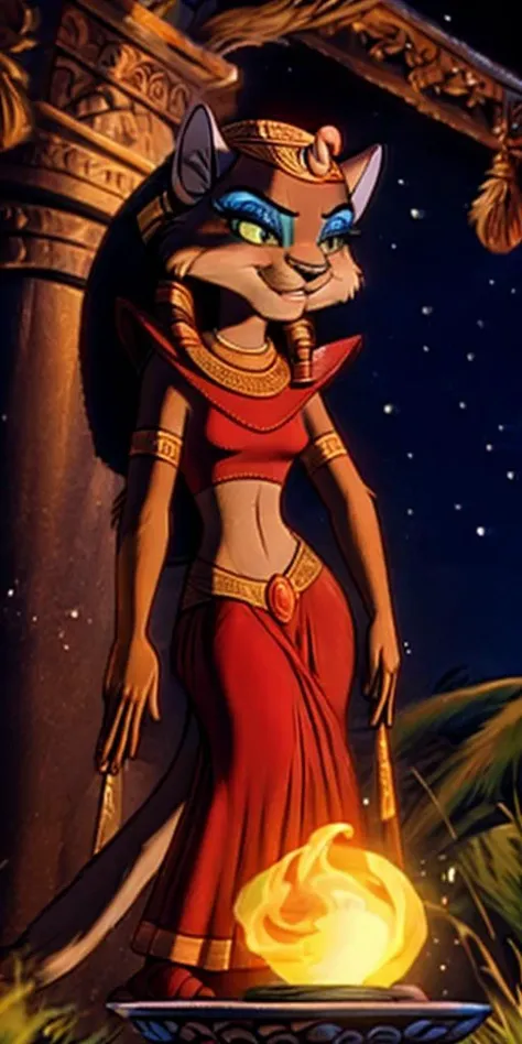 a cartoon cat dressed in a red dress standing next to a fire