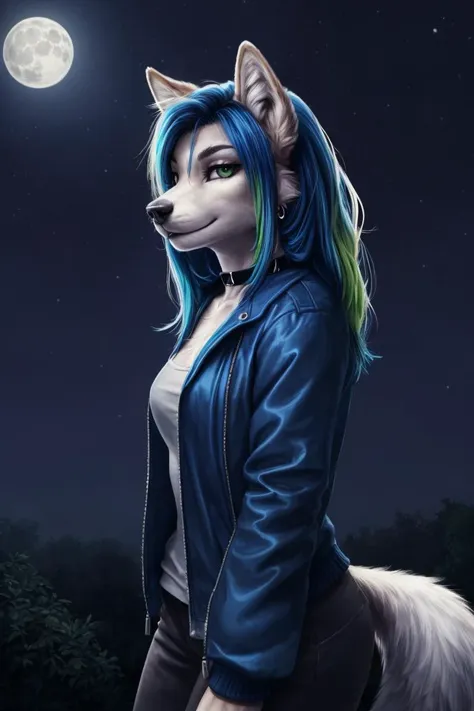 a woman with blue hair and a blue jacket is standing in front of a full moon