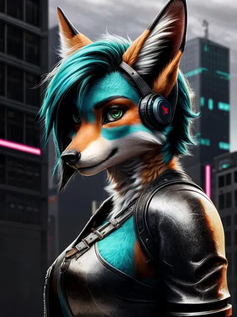 photo realistic, cyberpunk suite, city, female, furry, solo, shirt, leather armor, short hair, fursuite, green eyes, fox ears, p...