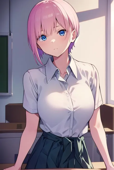 anime girl with pink hair and blue eyes standing in a classroom