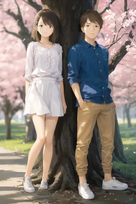 veiling glare, 1girl, 1boy, skirt, brown hair, cherry blossoms, outdoors, shirt, pants, arms behind back, white skirt, hairclip,...