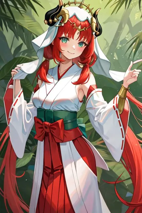 best quality, masterpiece, highres, solo, {white kimono:1.35}, {red hakama:1.35}, {wide sleeves:1.20}, {nilou_genshin:1.15}, long_hair, bangs, red_hair, horns, veil, jewelry, fake_horns, breasts, twintails, smile, blush, parted_bangs, brooch, aqua_eyes, ci...