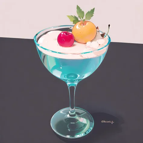 there is a blue glass with a fruit and ice cream in it