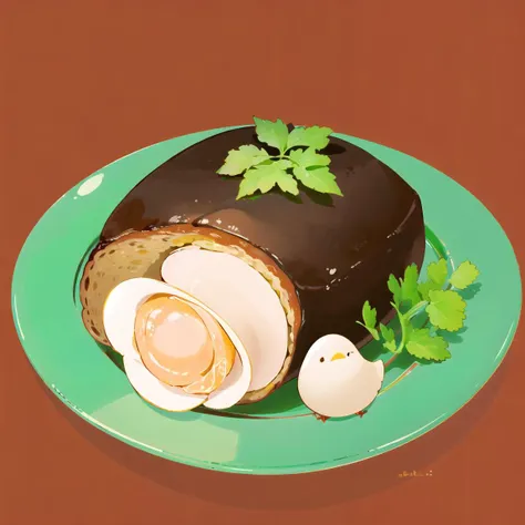 there is a chocolate cake with eggs and a bird on a plate