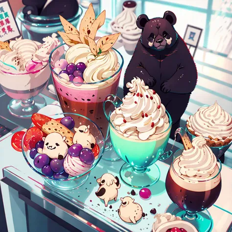 there are many desserts and drinks on a table with a bear