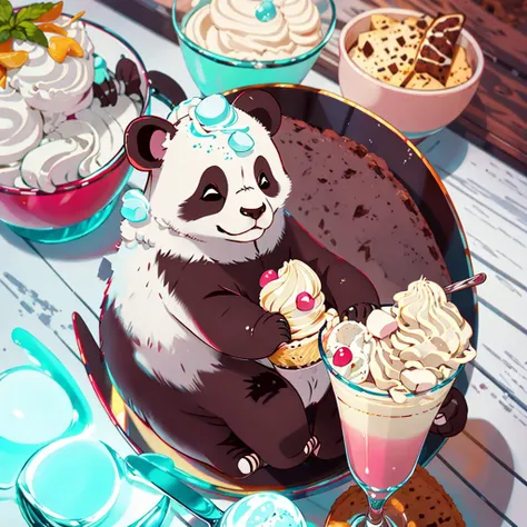 there is a panda bear sitting on a plate with cupcakes and ice cream