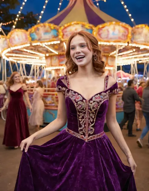 a woman in a purple dress standing in front of a carousel