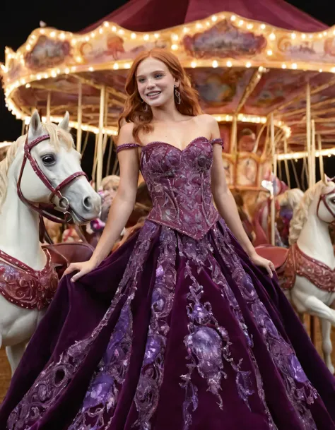 araffe woman in a purple dress standing next to a white horse