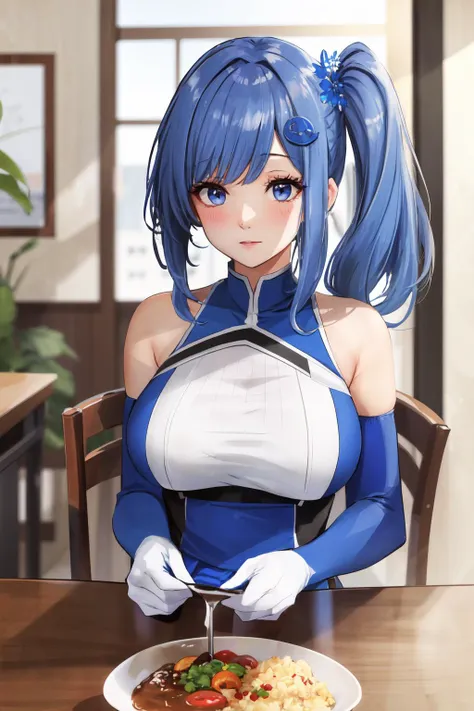 anime girl with blue hair and white shirt eating a meal