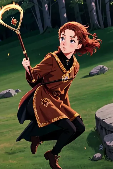 a woman in a brown coat holding a golden heart shaped stick