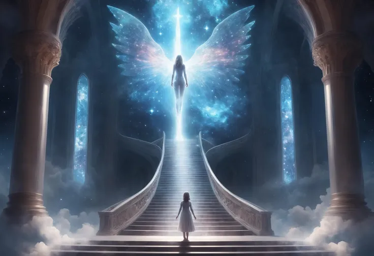 a woman standing on a stairway leading to a stairway leading to a star filled sky