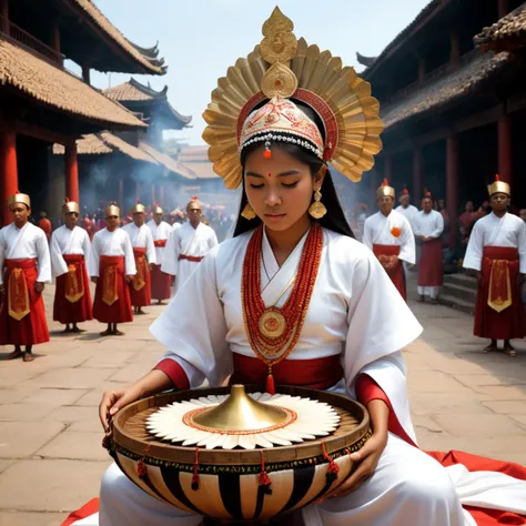 Hyperrealistic art 1girl, In the ceremonial center of the city, priests adorned in elaborate ceremonial attire perform sacred rituals. The air is charged with mysticism as they offer prayers and make offerings to the gods, seeking their favor for abundant ...