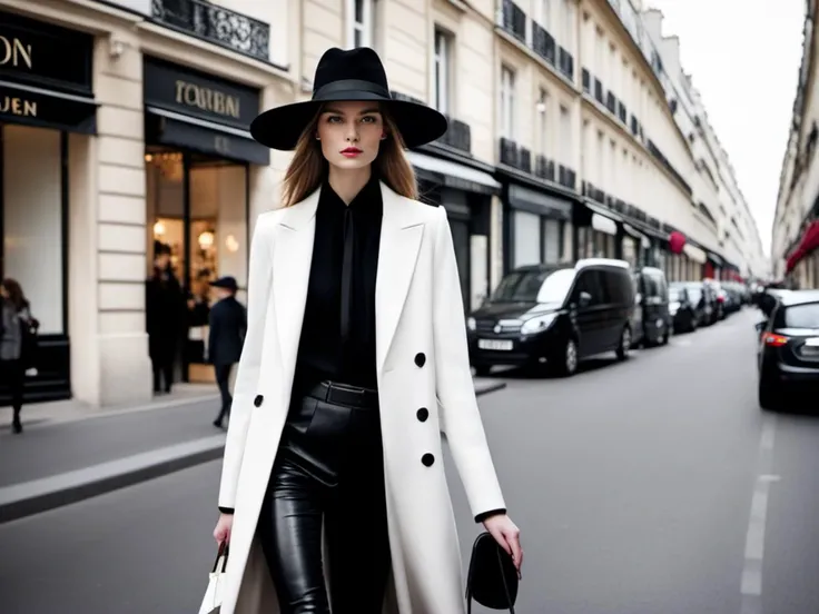 model, high fashion, tall hat, black shoes, walking down a paris street, greyscale