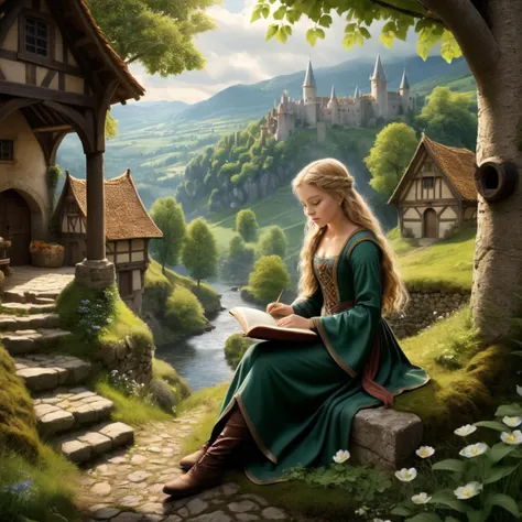 Hyperrealistic art 1girl, In the heart of the medieval town, Isoldes influence extended beyond the loom and the forest. Right now, she advocated for the education of young girls, establishing a hidden space where they could learn to read and write. Isoldes...