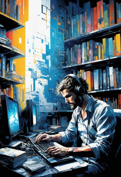 painting of a man sitting at a desk with a keyboard and a computer