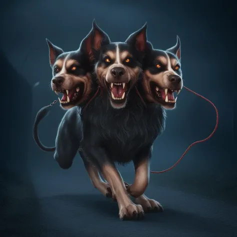 three dogs running with a leash in their mouth