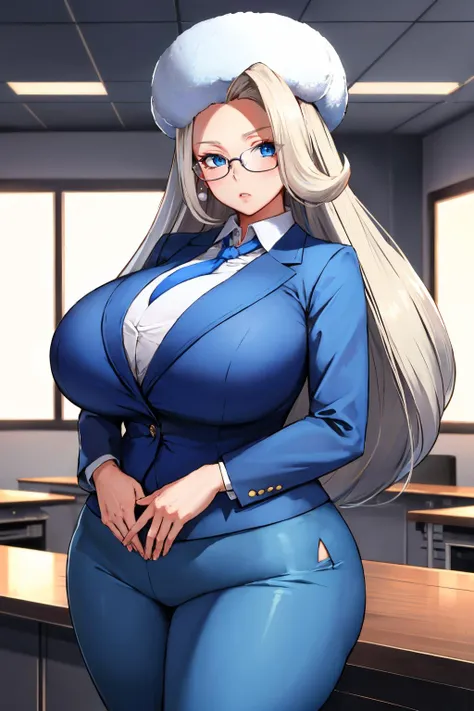 masterpiece, best quality, <lora:melony-nvwls-v1-000009:1> pkmnmelony, fur hat, blue blazer, necktie, suit pants, blue pants, huge breasts, wide hips, office, looking at viewer, furrowed brow, glasses