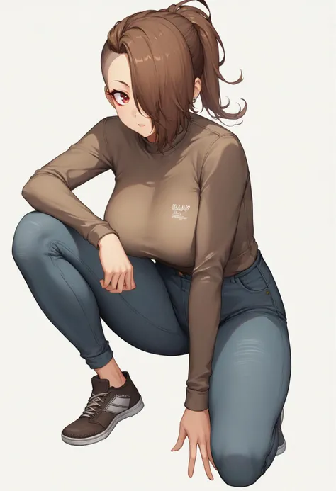 score_9, score_8_up, score_7_up, source_anime BREAK 1girl, solo, simple background, white background, <lora:nikke-style-poses-richy-v1_pdxl:1> nikkecrouching, full body, [kneeling/squatting/one knee] (brown hair:1.5), (detailed Red eyes), (Undercut hairsty...