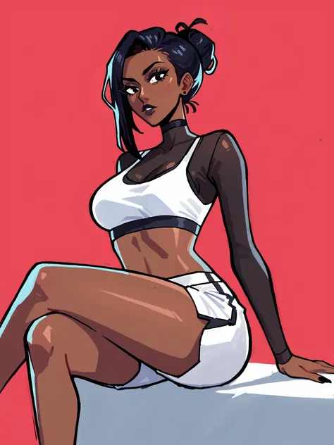 score_9, score_8_up, score_7_up, score_6_up, score_5_up, score_4_up,
BREAK
1girl, dark skin, black hair, black eyes,
BREAK
solo, sitting, crossed legs, white sport shorts, white sports bra,
BREAK
red background, simple background, <lora:Lunas-KaatokunArt-S...