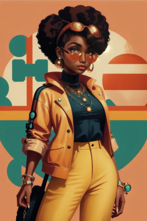 a woman with an afro and a yellow jacket and sunglasses