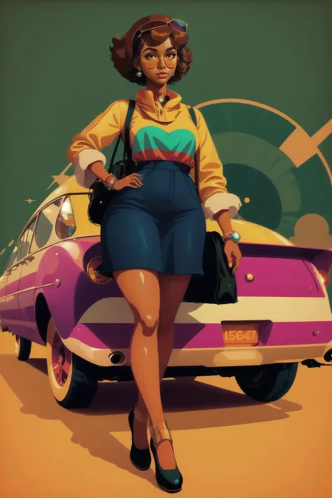 a woman in a short skirt and a yellow shirt is sitting on a car