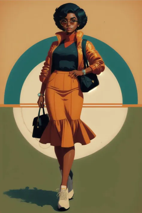 a painting of a woman in a skirt and jacket walking